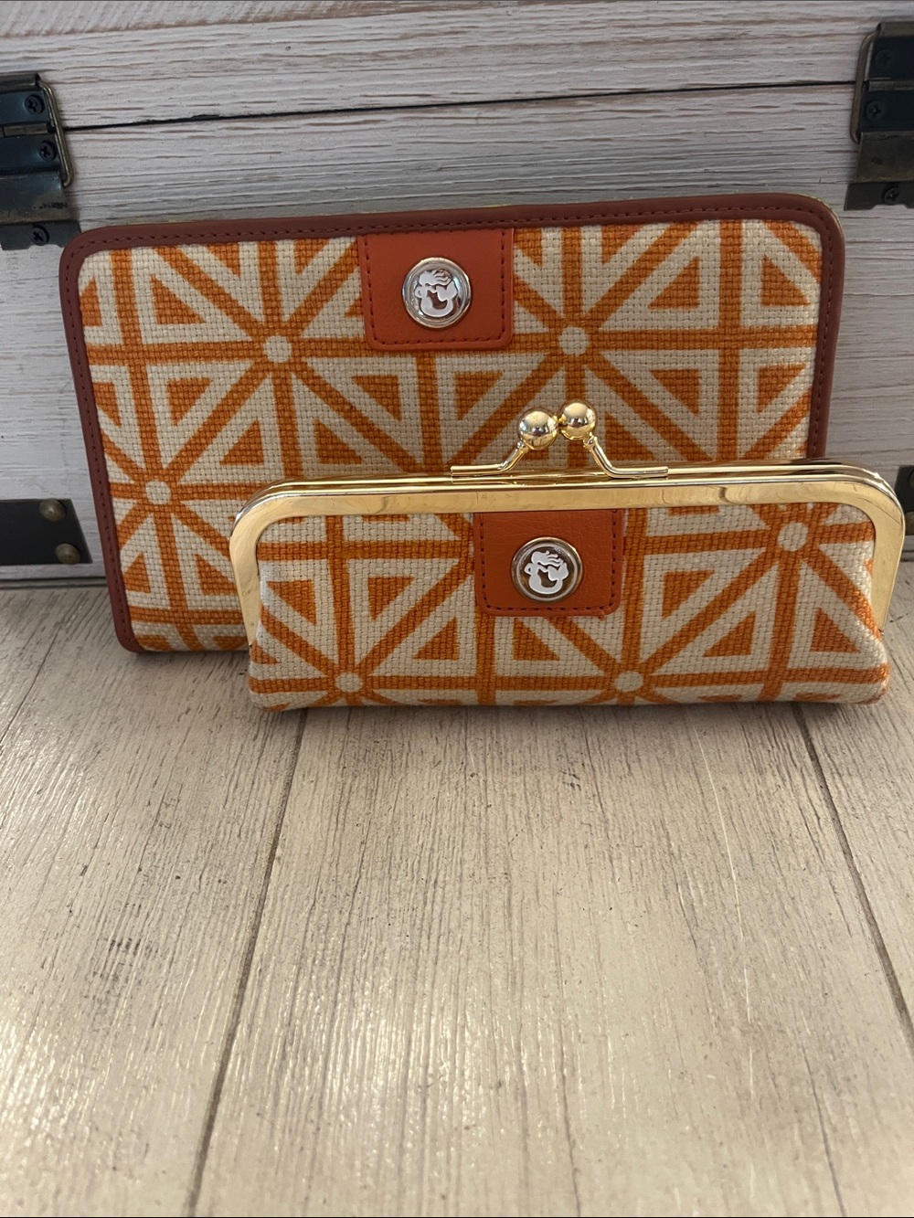 Spartina 449 Orange Geometric Canvas Wallet Set with Brown Trim